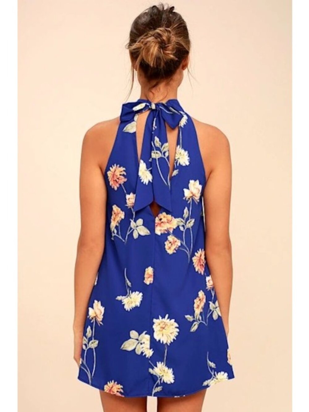 Lulus Swing Dress Size Medium Royal Blue Floral Print Sleeveless V-Neck Keyhole - Picture 3 of 14